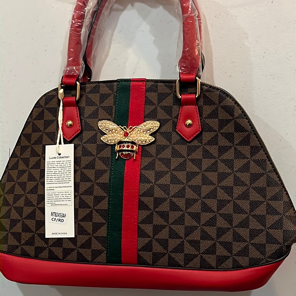 BROWN QUEEN BEE STRIPE MONOGRAM 2-IN-1 DOME SATCHEL